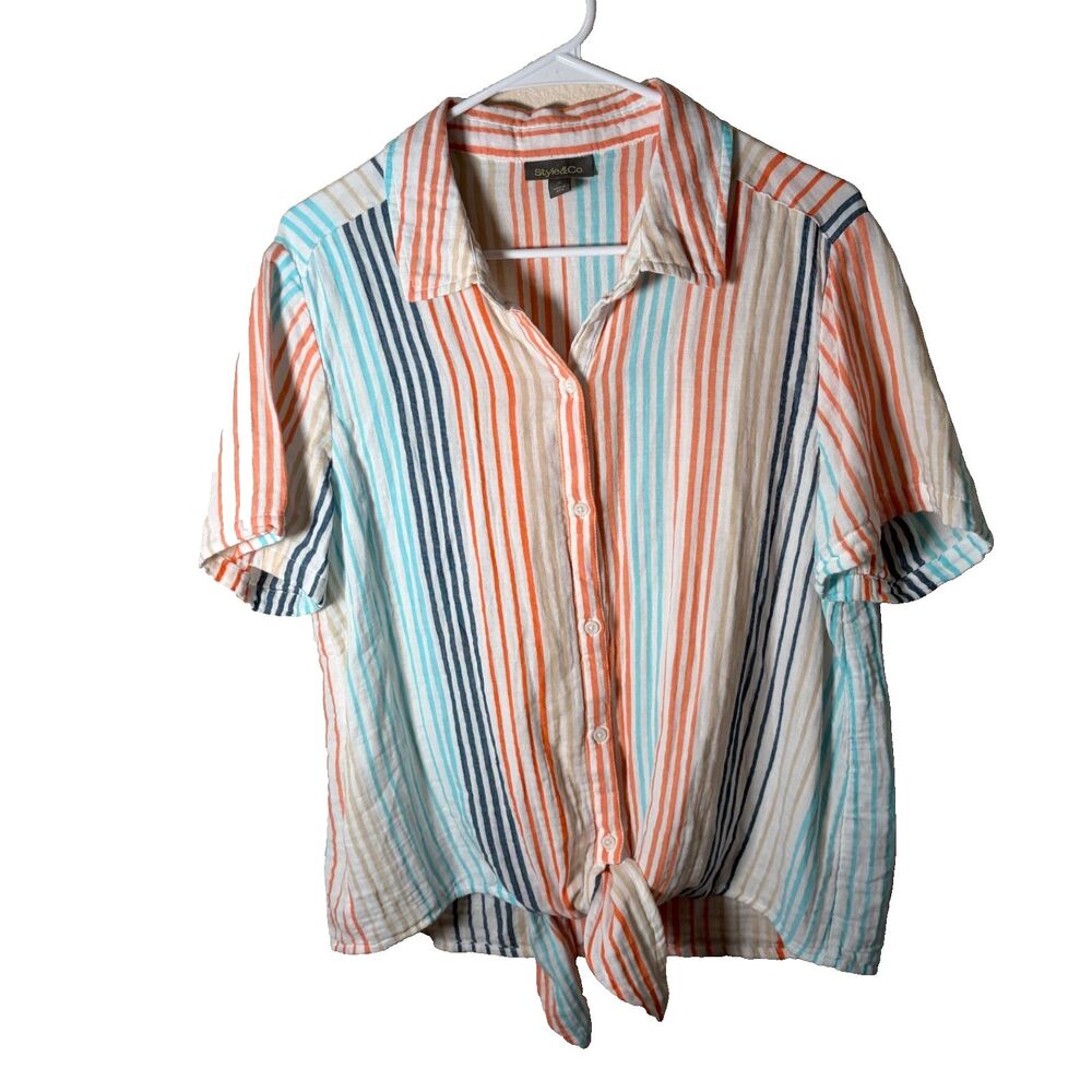 Style & Co Shirt Women's Medium Pastel Striped Button Up Short Sleeve Tie Casual